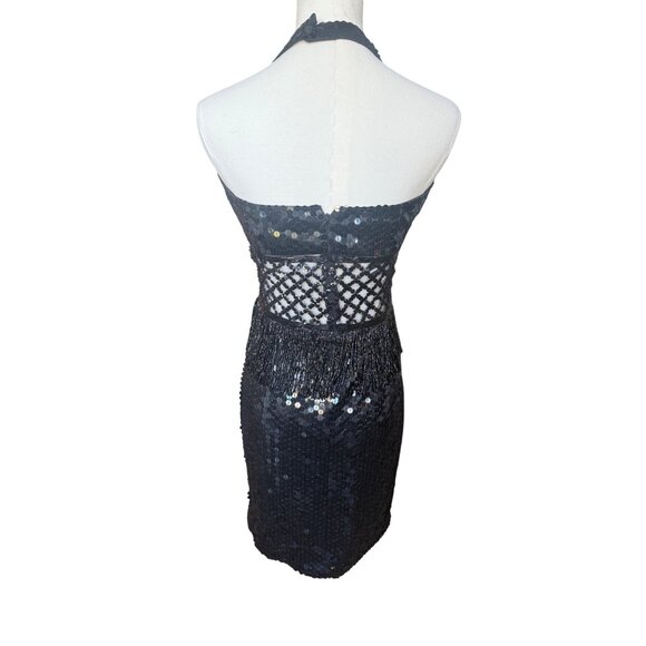 VTG Y2K Nite Way Sequin Prom Dress 8‎ Cut Out Fringe Mesh Mini Bodycon Cocktail - Picture 6 of 10